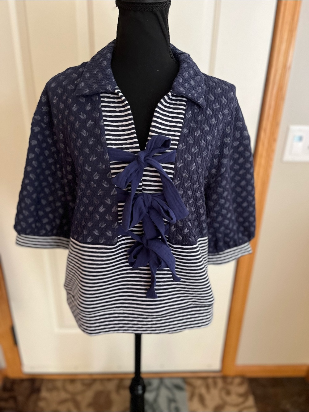 New blue white stripe chevron mix media collared pull over blouse top. Small